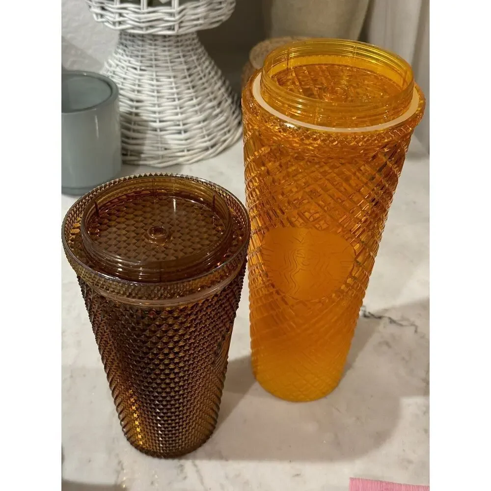 Lot Of 2 Starbucks Orange Fall Tumbler 2022 Jeweled Studded Tumbler Cold Cup - Picture 11 of 12